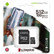 MicroSDXC карта памет: Kingston 512 GB Canvas Select Plus със SD адаптер. Class 10 UHS U3, скорост на четене 100 MB/s, скорост на запис 85 MB/s