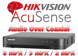 8 канален бюджетен 4K AcuSense цифров видеорекордер HIKVISION iDS-7208HUHI-M1/E(E). Поддържа 8 HD-TVI камери до 8 MPX + 8 IP камери до 8 MPX. С Audio Over Coaxial