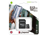 MicroSDXC карта памет: Kingston 512 GB Canvas Select Plus със SD адаптер. Class 10 UHS U3, скорост на четене 100 MB/s, скорост на запис 85 MB/s