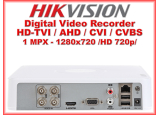 Употребяван 4 канален бюджетен цифров видеорекордер HIKVISION DS-7104HGHI-F1. Поддържа 4 HD-TVI камери до 1 MPX + 1 мрежова IP камера до 2 MPX