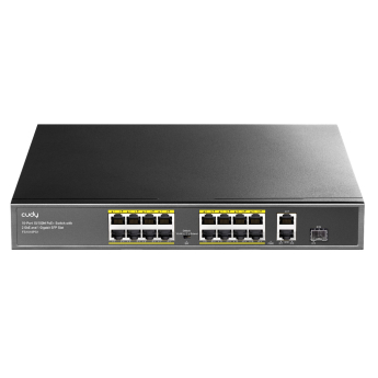 Cudy FS1018PS1: 19 портов суич с 16 x 10/100 PoE порта + 2 x 10/100/1000 Mbps RJ45 uplink порта + 1 x 1 Gbps SFP порт. До 30 W на портове 1-16. Общ PoE капацитет 180 W