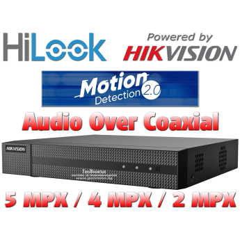 4 канален бюджетен цифров видеорекордер HiLook DVR-204U-M1. Поддържа 4 HD-TVI камери до 5 MPX + 4 IP камери до 8 MPX. Deep Learning алгоритъм за разпознаване и класификация на хора и превозни средства