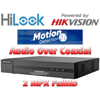 16 канален бюджетен цифров видеорекордер HiLook DVR-216Q-M1. Поддържа 16 HD-TVI камери до 2 MPX + 8 IP камери до 6 MPX. Deep Learning алгоритъм за разпознаване и класификация на хора/превозни средства