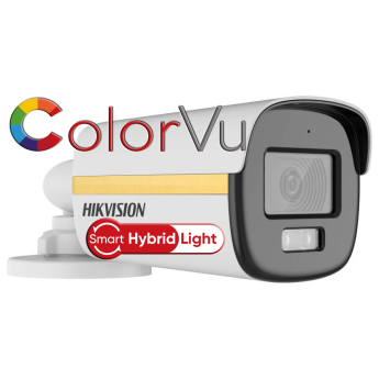 HD-TVI/AHD/CVI/CVBS камера HIKVISION DS-2CE12DF3T-LFS: 2 MPX, Hybrid Light комбинирано бяло LED осветление ColorVu и инфрачервено осветление до 40 метра, микрофон с Audio Over Coaxial, обектив 3.6 mm