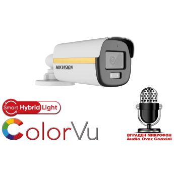 HD-TVI/AHD/CVI/CVBS камера HIKVISION DS-2CE12DF3T-LFS: 2 MPX, Hybrid Light комбинирано бяло LED осветление ColorVu и инфрачервено осветление до 40 метра, микрофон с Audio Over Coaxial, обектив 3.6 mm