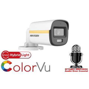 HD-TVI/AHD/CVI/CVBS камера HIKVISION DS-2CE10DF3T-LFS: 2 MPX, Hybrid Light комбинирано бяло LED осветление ColorVu и инфрачервено осветление до 20 метра, микрофон с Audio Over Coaxial, обектив 3.6 mm