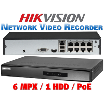 8 канален бюджетен IP мрежов видеорекордер HIKVISION: DS-7108NI-Q1/8P/M(D). С вградени 8 PoE порта. Поддържа 8 мрежови IP камери до 6 MPX. 1 SATA порт