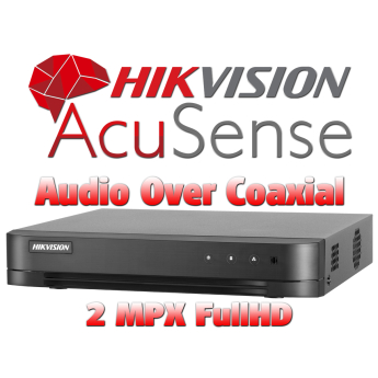 4 канален бюджетен AcuSense цифров видеорекордер HIKVISION iDS-7204HQHI-M1/E(E). Поддържа 4 HD-TVI камери до 2 MPX + 2 IP камери до 6 MPX. С Audio Over Coaxial