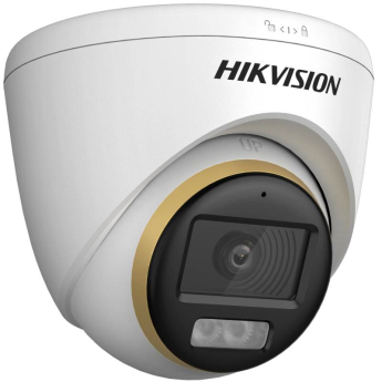 HD-TVI/AHD/CVI/CVBS камера HIKVISION DS-2CE72DF3T-LSE: 2 MPX, Hybrid Light комбинирано бяло LED осветление ColorVu и инфрачервено осветление до 40 метра, микрофон с Audio Over Coaxial, обектив 3.6 mm