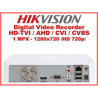 Употребяван 4 канален бюджетен цифров видеорекордер HIKVISION DS-7104HGHI-F1. Поддържа 4 HD-TVI камери до 1 MPX + 1 мрежова IP камера до 2 MPX