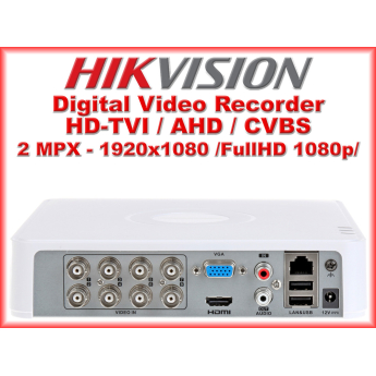 Употребяван 8 канален бюджетен цифров видеорекордер HIKVISION DS-7108HQHI-F1/N. Поддържа 8 HD-TVI камери до 2 MPX